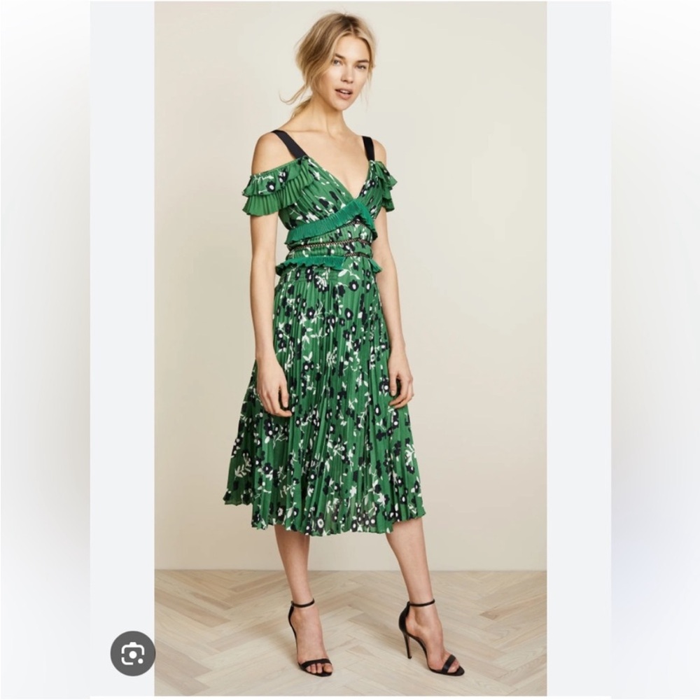 Self Portrait Cold Shoulder Green Print Midi Dress